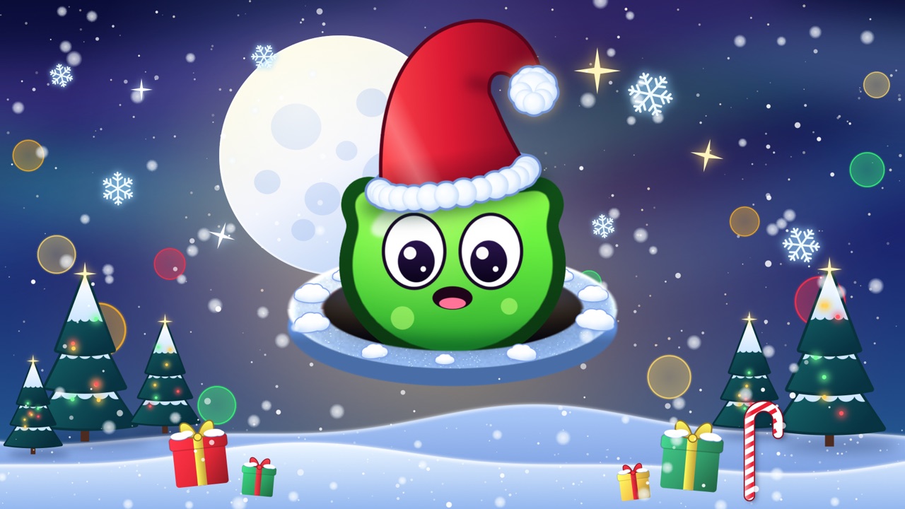 A green alien in a Santa hat peeking out of its hole under a big moon, with snow falling and Christmas lights glowing