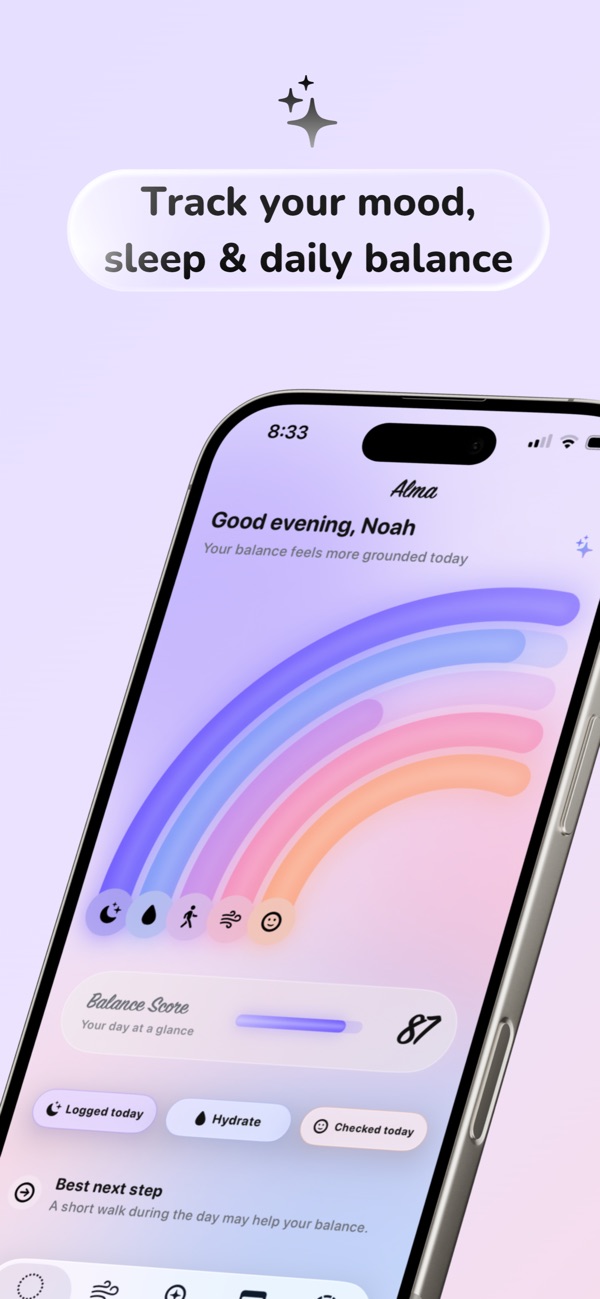 Alma showing mood, sleep, and daily balance tracking