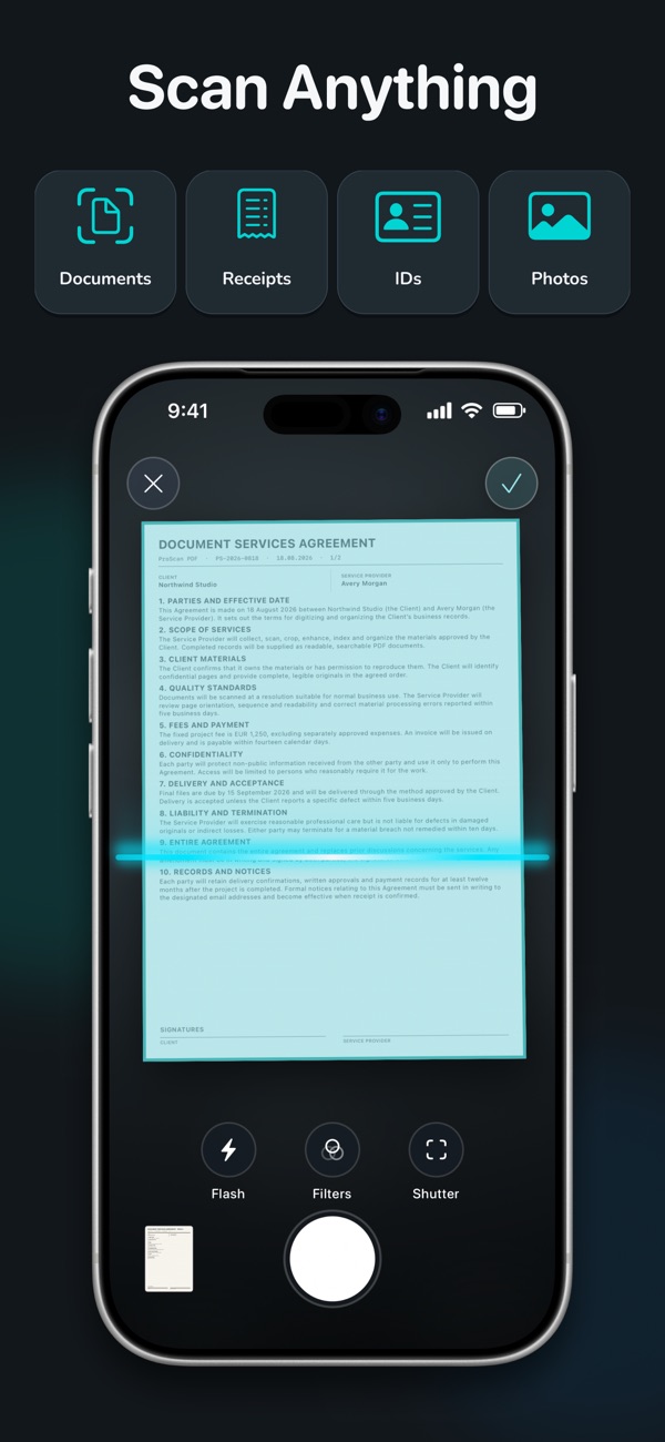 ProScan PDF scanning a document with its camera