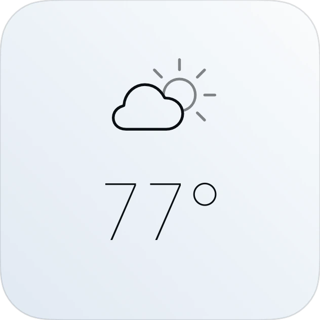 Free Current Weather widget: partly sunny and 77 degrees, in light appearance