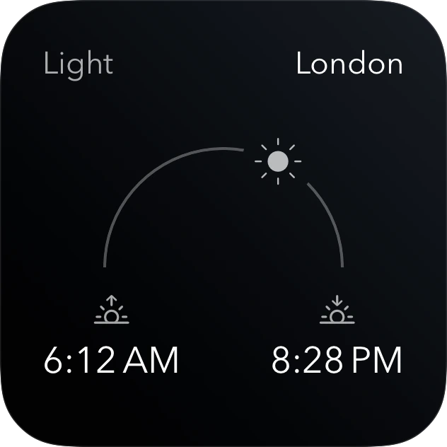 Viento+ Light widget showing sunrise and sunset in London, in dark appearance